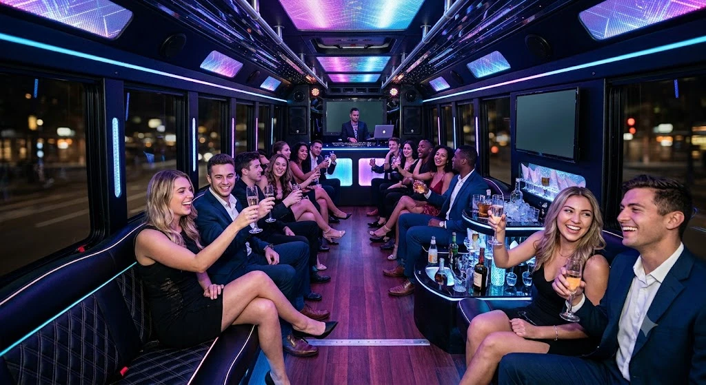 Party bus interior rental in Downtown Sacramento, CA